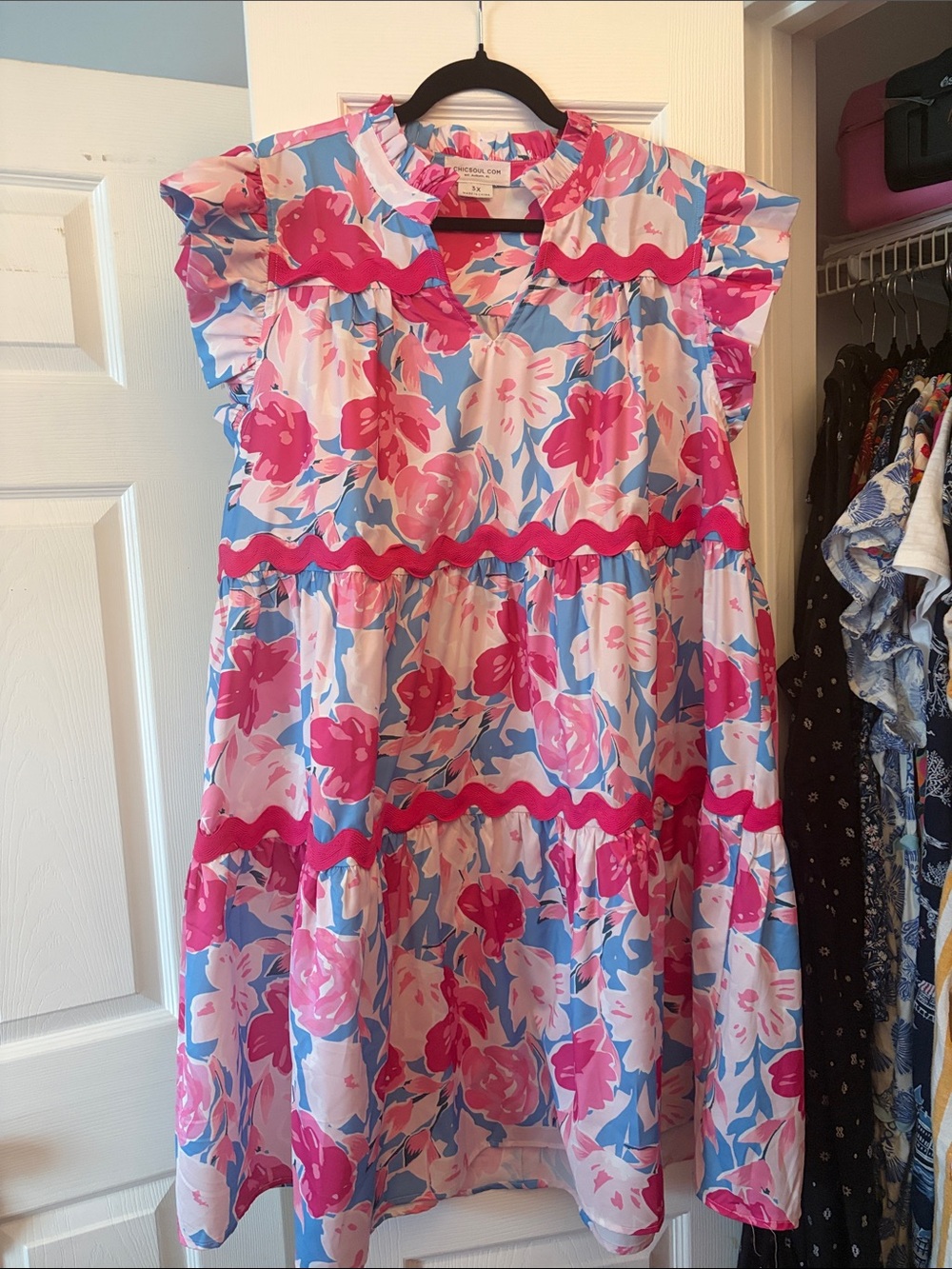 Chic Soul 3X Pink Floral Tiered Sundress with Ruffle Trim